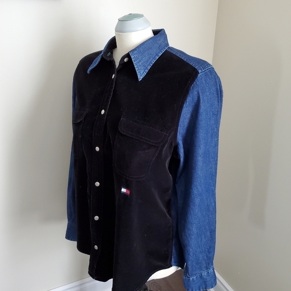 Vintage Tommy Hilfiger Velvet & Denim Snap Button Down Shirt Size 12 - Picture 2 of 10